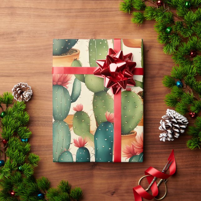 Papel De Presente Cactus Colorful Watercolor art (Presente de Natal)