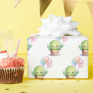 Papel De Presente Cactus com Buquê de Balão de Aniversário