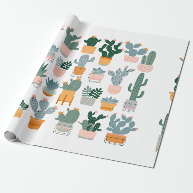 Papel De Presente Cactus e suculentos em potes sobre fundo branco. (Desenrolado)