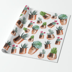 Papel De Presente Cactus e Sucultos em Potes Dourados Rosa