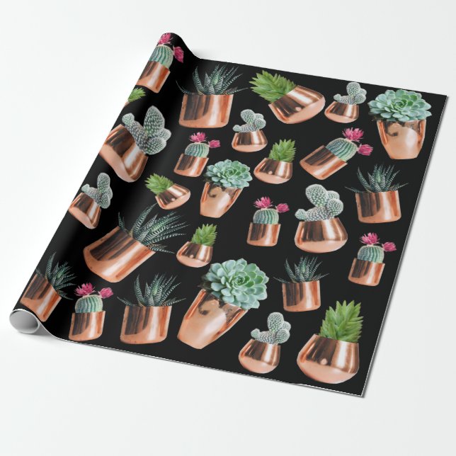 Papel De Presente Cactus e Sucultos em Potes Dourados Rosa (Desenrolado)