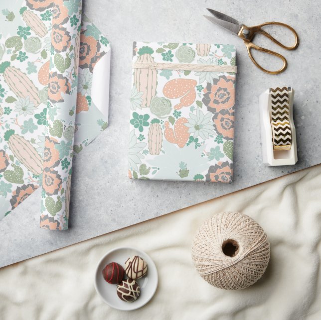 Papel De Presente Cactus Succulent Coral Green (Artesanato)