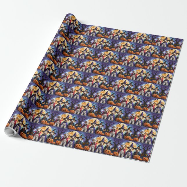 Papel De Presente Cães Airedale Terrier Abóbora Dia das Bruxas Engra (Desenrolado)