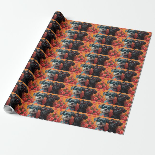 Papel De Presente Cães Bouviers des Flandres Corações Rosas Dia dos  (Desenrolado)