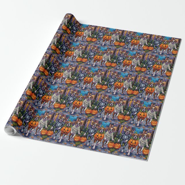Papel De Presente Cães Boxer Pedindo Doces ou Travessuras em Fantasi (Desenrolado)