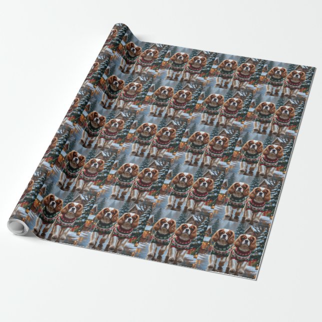 Papel De Presente Cães Cavalier King Charles Spaniel Natal Neve (Desenrolado)