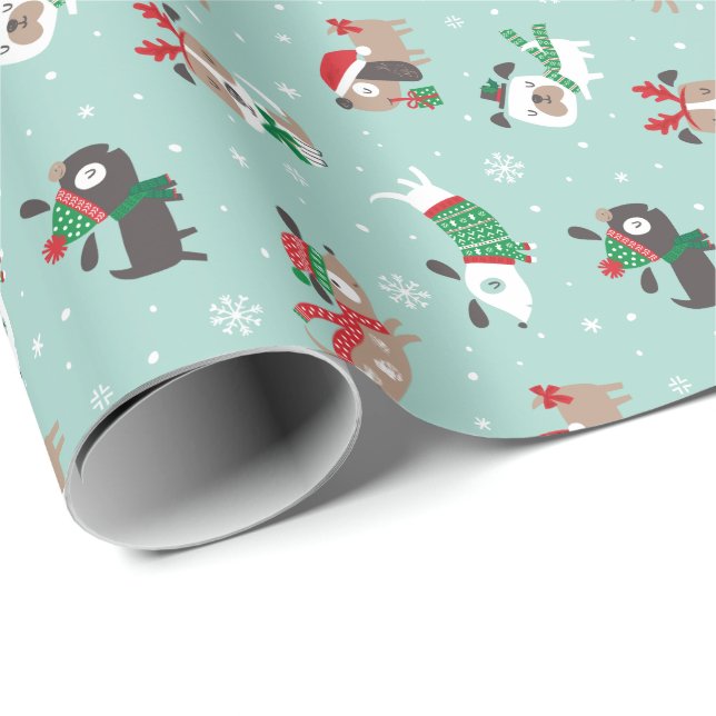 Papel De Presente Cães de natal bonitos com hortelã (Ponta do rolo)