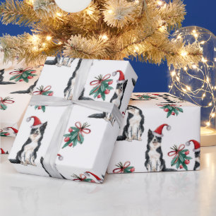Papel De Presente Cães de Natal bonitos com Santa Hats Holly Berry