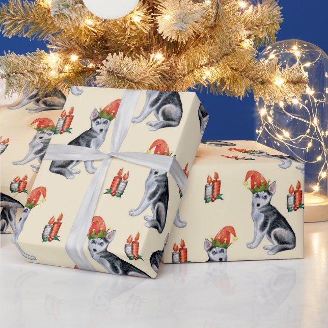 Papel De Presente Cães de Natal bonitos com velas de Santa Hats Holl (Feriados)