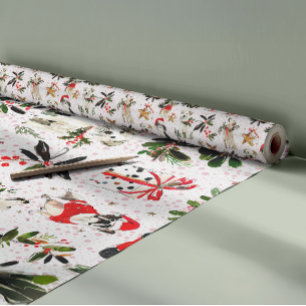 Papel De Presente Cães de Natal e padrão de folhagens