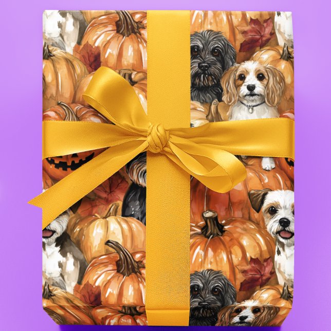 Papel De Presente Cães de outono em uma Patch Halloween de abóbora (Criador carregado)