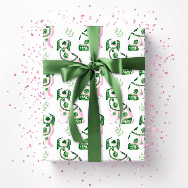 Papel De Presente Cães Swoon Staffordshire Sprig Rosa e Verde (Criador carregado)