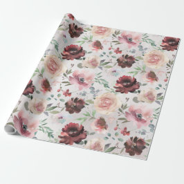 Papel De Presente Café Borgonha Rosa Pink Peony e Jardim de Rosas Mo