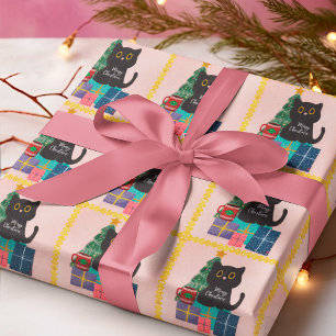 Papel De Presente Café de Gato Preto Natal em Rosa Dourado Festivo