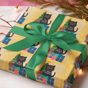 Papel De Presente Café Gato Preto Natal Laranja Dourado Festivo
