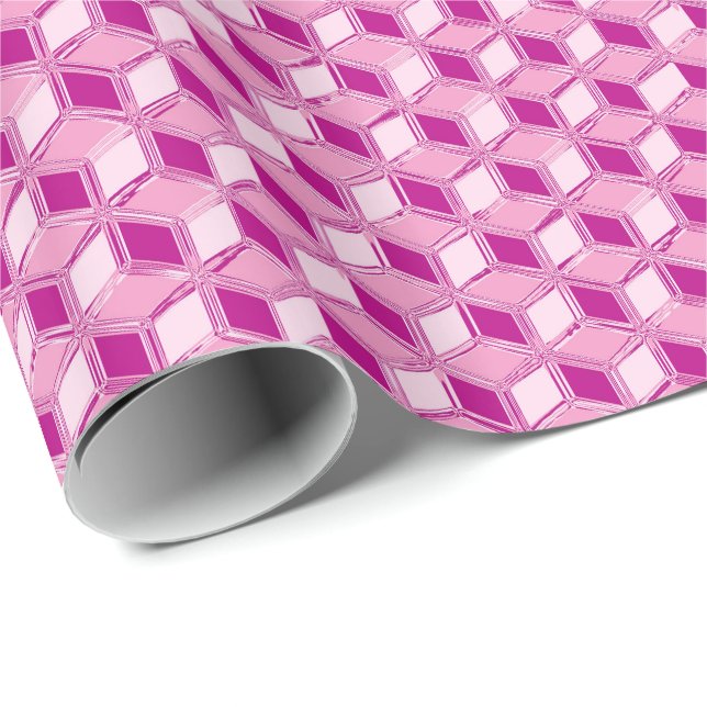 Papel De Presente Caixas 3d cromo - cor-de-rosa fuchsia (Ponta do rolo)
