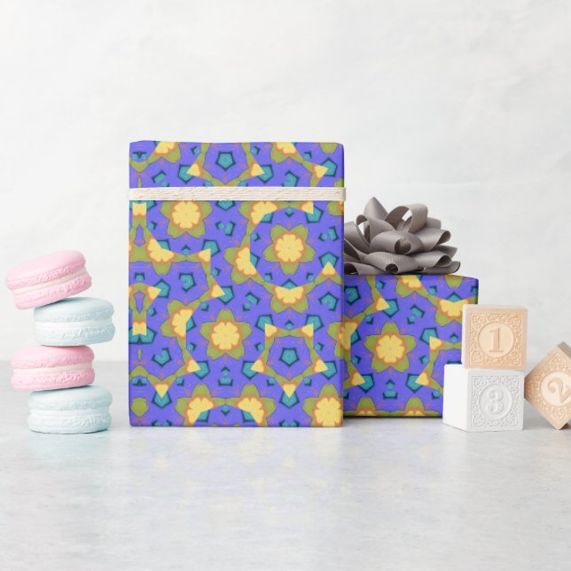 Papel De Presente Caleidoscópico geométrico Mandala Amarelo e Roxo (Chá de bebê)