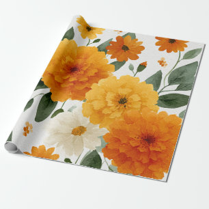 Papel De Presente Calêndula Laranja Aguarela Botânica Floral Outono