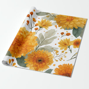 Papel De Presente Calêndula Laranja Botânica Floral Aquarela Outono
