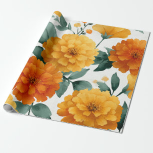Papel De Presente Calêndula Laranja Botânica Floral Aquarela Outono