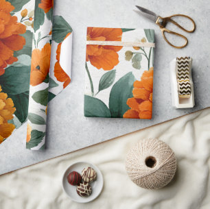 Papel De Presente Calêndula Laranja Botânica Floral Aquarela Outono
