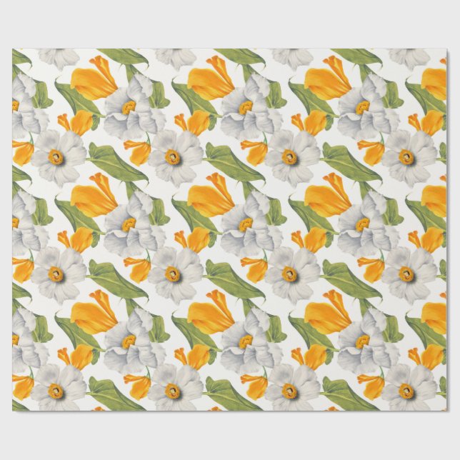 Papel De Presente Califórnia papoila padrão branco de daffodils (Aberto)