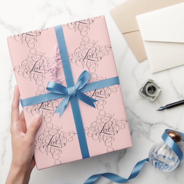 Papel De Presente Caligrafia Elegante, Preta-Rosa, Floured LOVE (Presentear)