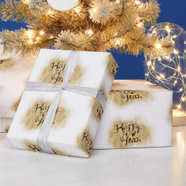 Papel De Presente Caligrafia Feliz Ano Novo em Ouro Branco Elegante