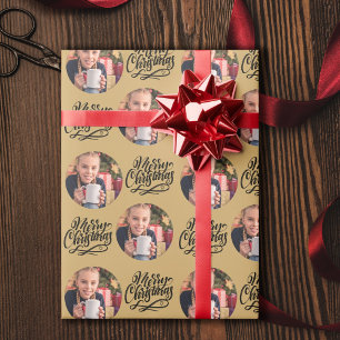 Papel De Presente Caligrafia Feliz Natal Foto Redonda Dourada