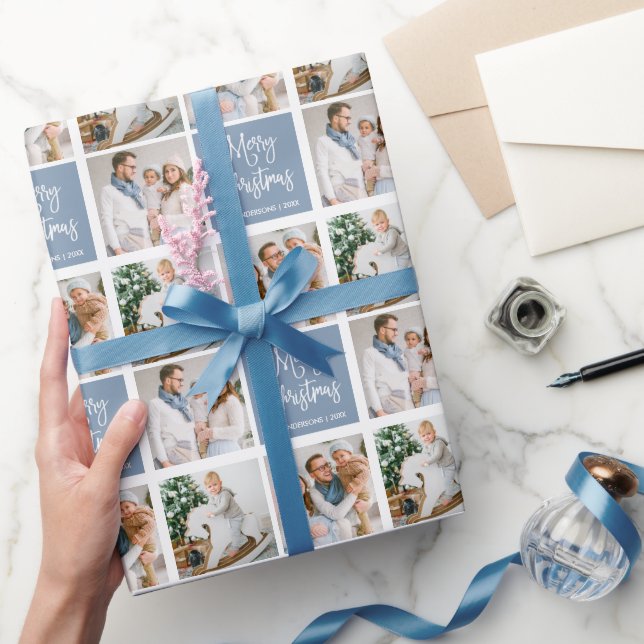 Papel De Presente Caligrafia Roteiro Natal 3 Foto Dusty Blue (Presentear)