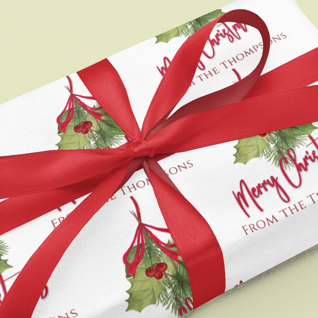 Papel De Presente Caligrafia Vermelha Vestida (Merry Christmas holiday watercolor greenery wrapping paper roll.)