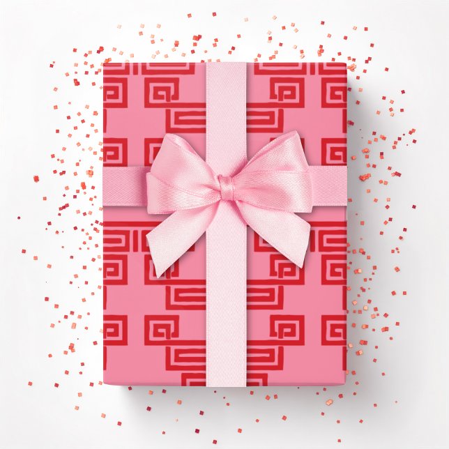 Papel De Presente Camada de Meandro de Chave Grega em Rosa e Vermelh (Criador carregado)