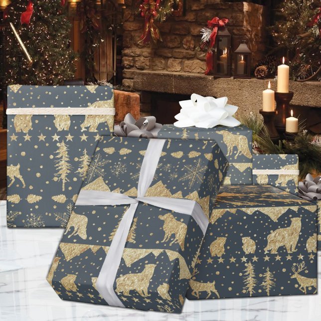 Papel De Presente Camarão-Cinza Dourado de Suéter Nórdico (Nordic Sweater Gray & Gold Winter Animals Christmas Holiday Wrapping Paper Rolls)