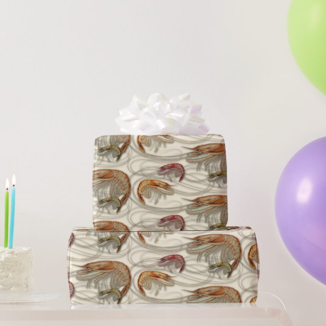 Papel De Presente Camarão Marisco Crustáceos Padrão Bege (Presentes para festas)