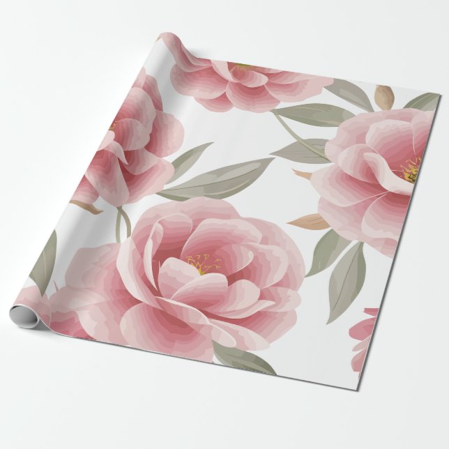 Papel De Presente Camélia rosa elegante floral com folhas verdes (Desenrolado)