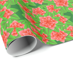 Papel De Presente Camélias e folhas alaranjadas corais do verde