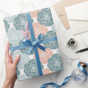 Papel De Presente Camélias interligadas em verde-aquático e coral