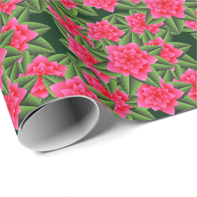 Papel De Presente Camélias Rosa Coral e Folhas Verdes (Ponta do rolo)