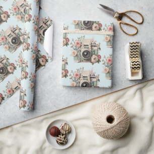 Papel De Presente Câmera com Padrão Pastel Retro de Flores