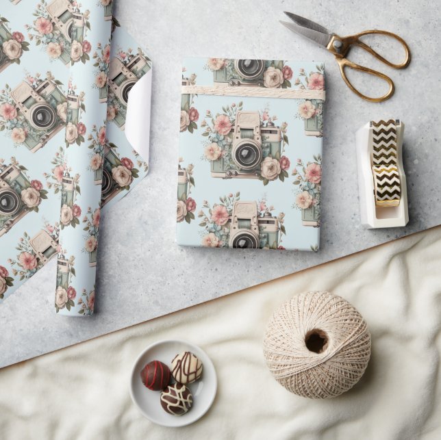 Papel De Presente Câmera com Padrão Pastel Retro de Flores (Artesanato)