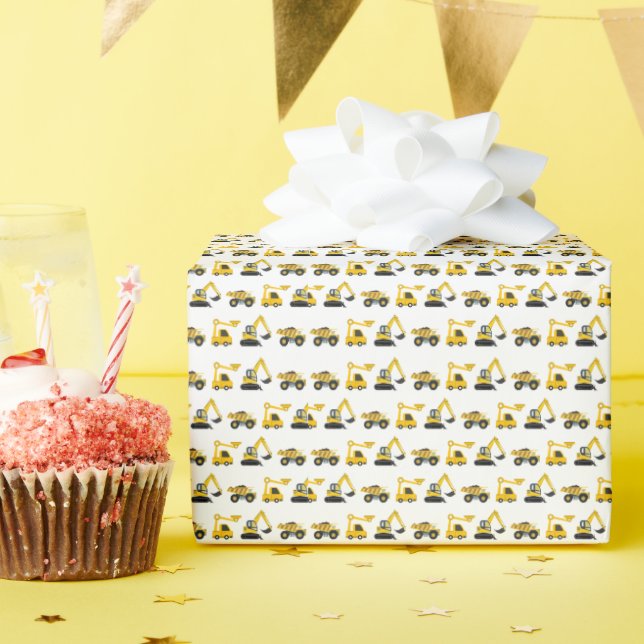 Papel De Presente Caminhão Basculante de Construção, Guindaste e Esc (Festa de aniversário)