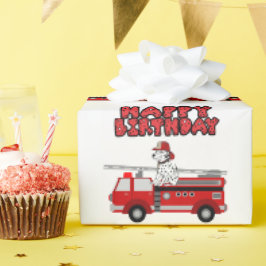 Papel De Presente Caminhão de Fogo e Cão Dalmático Feliz Aniversário