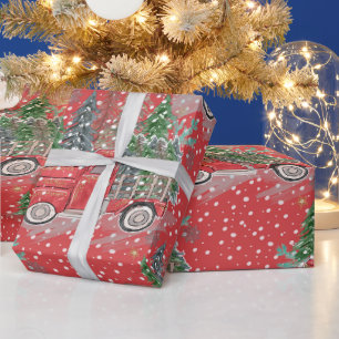 Papel De Presente Caminhão de Natal Envolto em Vermelho