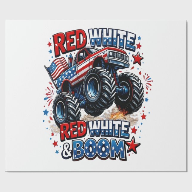 Papel De Presente Caminhão Monstro Red White Boom (Aberto)