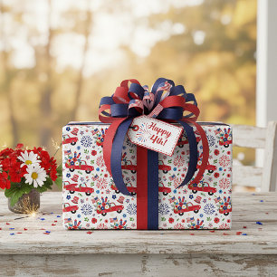 Papel De Presente Caminhão patriótico e padrão de fogos de artifício