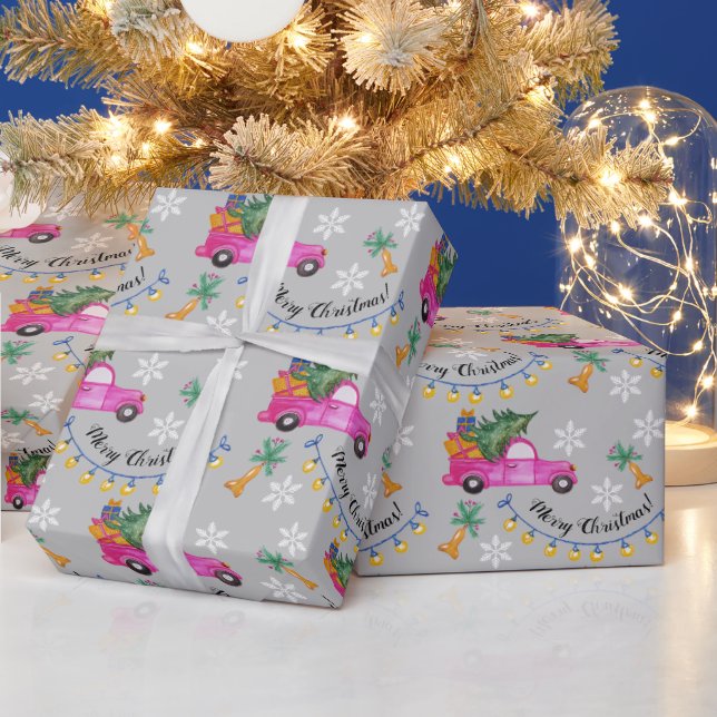 Papel De Presente Caminhão Rosa Vermelho Natal Com Árvore E Desejos (Feriados)