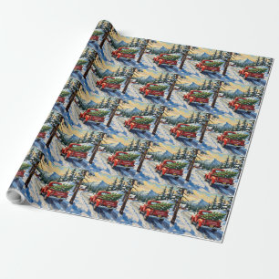 Papel De Presente Caminhão Vermelho Antigo Carregando Árvore de Nata