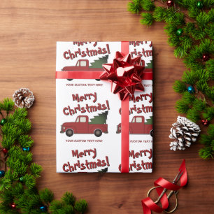 Papel De Presente Caminhão vermelho antigo fofo com árvore de Natal 