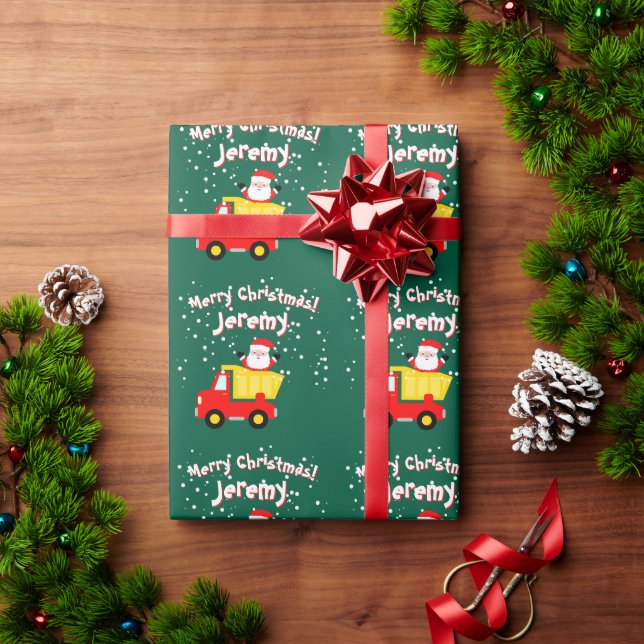 Papel De Presente Caminhão vermelho basculante com Papai Noel desenh (Presente de Natal)