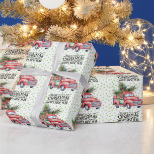 Papel De Presente Caminhão vermelho-da-safra com árvore de Natal